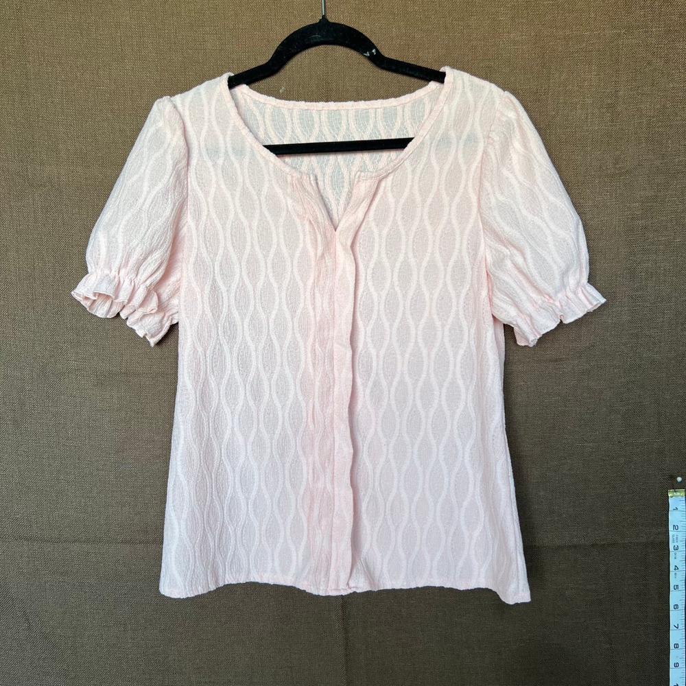 Pink Textured Wavy Knit Puff Sleeve Blouse Ruffle Cuff Split Neck Top Womens